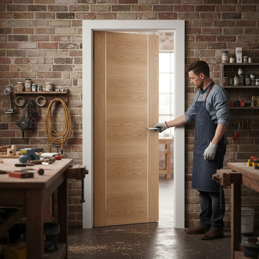 Premium Custom Made Oak Door with Engineered Construction and Decorative Aluminium Strip