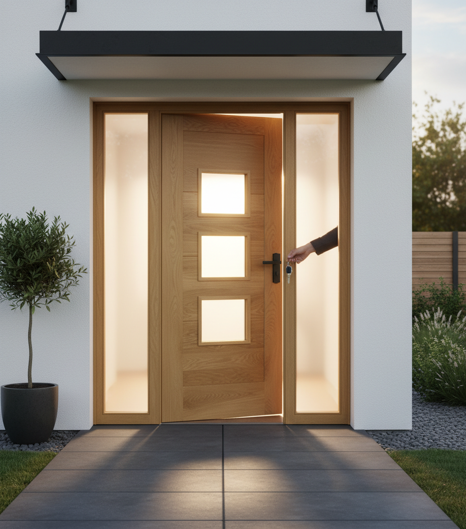 Premium Contemporary Oak External Door with Sandblasted Glass - Unfinished for Custom Finishing