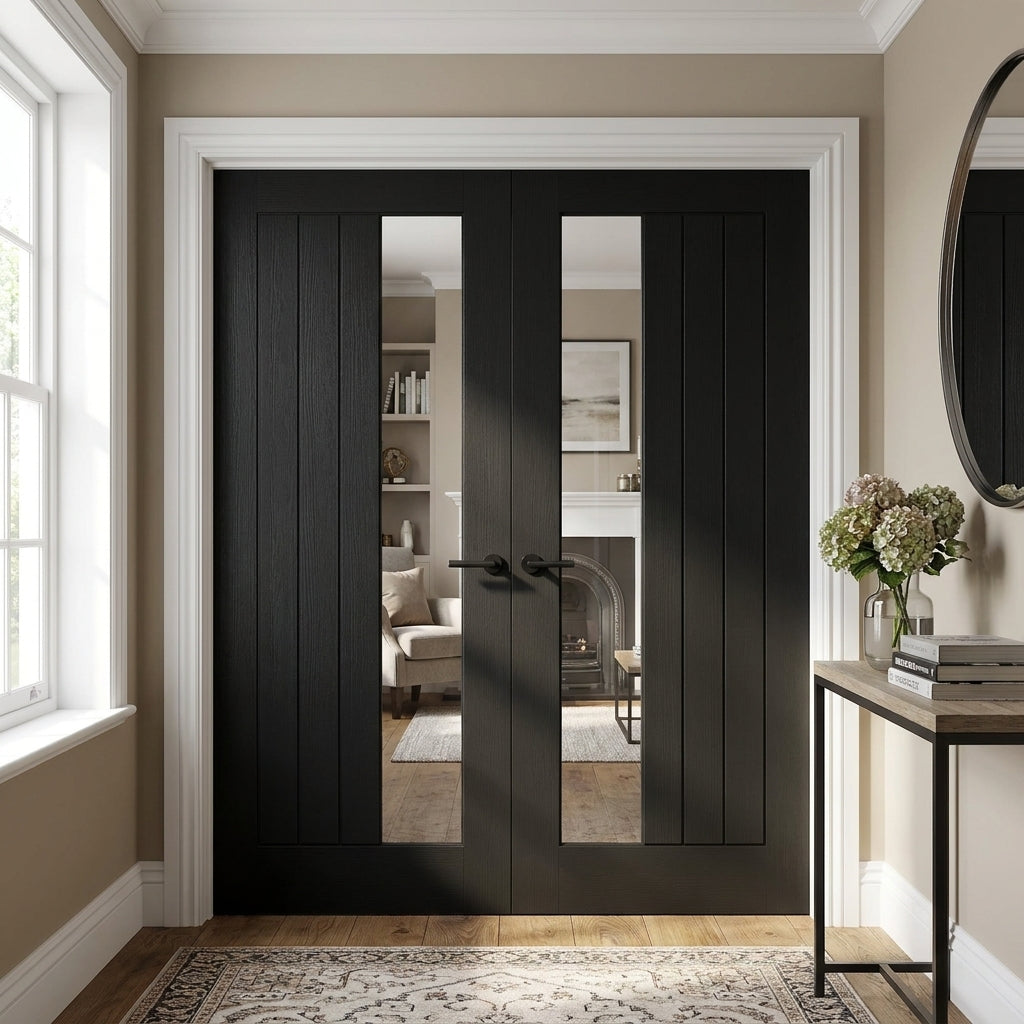 Internal Black French Door with Fully Finished Oak and Offset Clear Glass