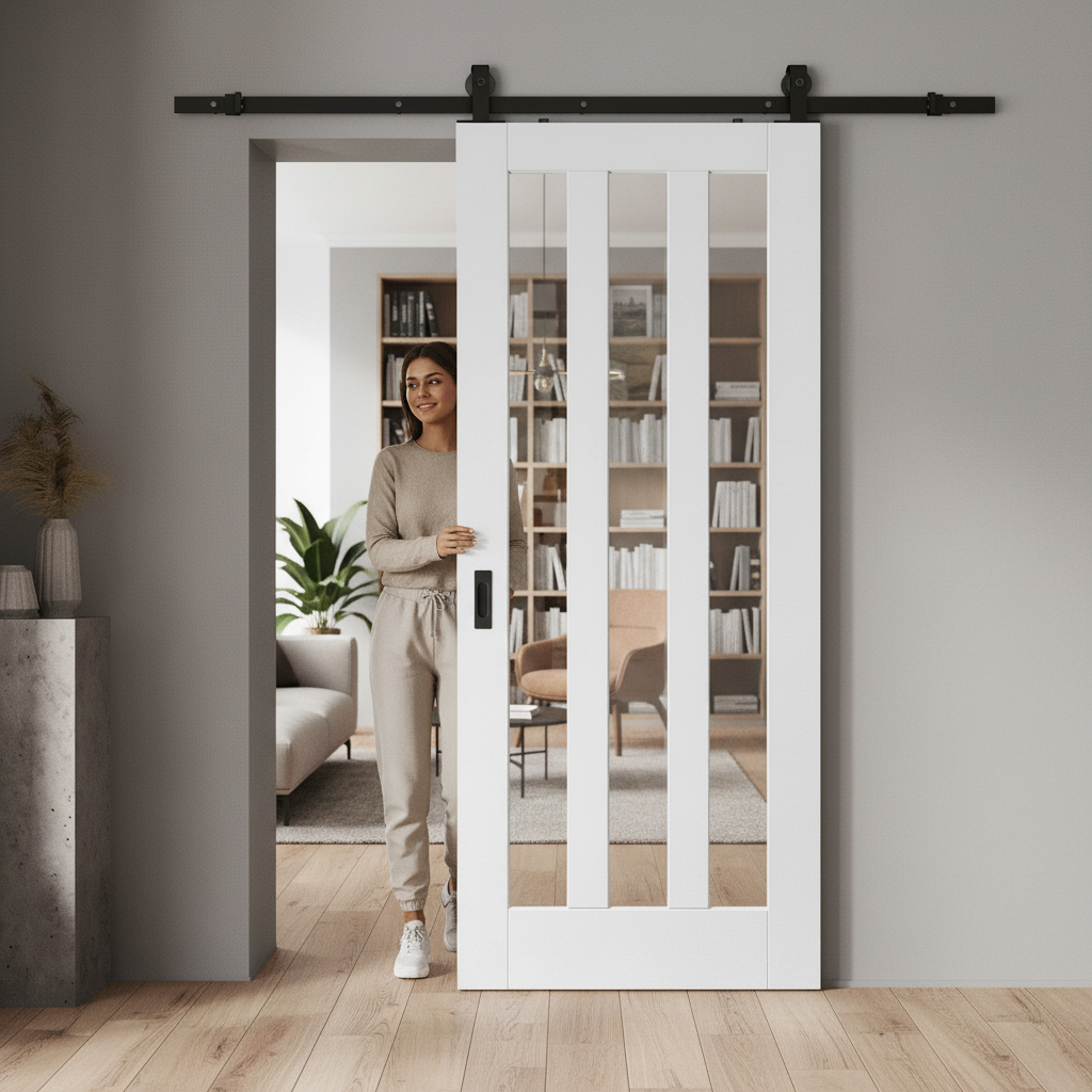 Premium Internal Sliding Door with Three Clear Glass Panes and Solid Core Construction - Double Primed for Custom Finish - Image 2