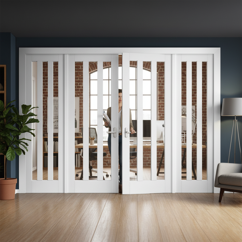 Premium Internal Room Divider Set with Clear Glass Panels - Four White Primed Doors for Stylish Living Space Partitioning