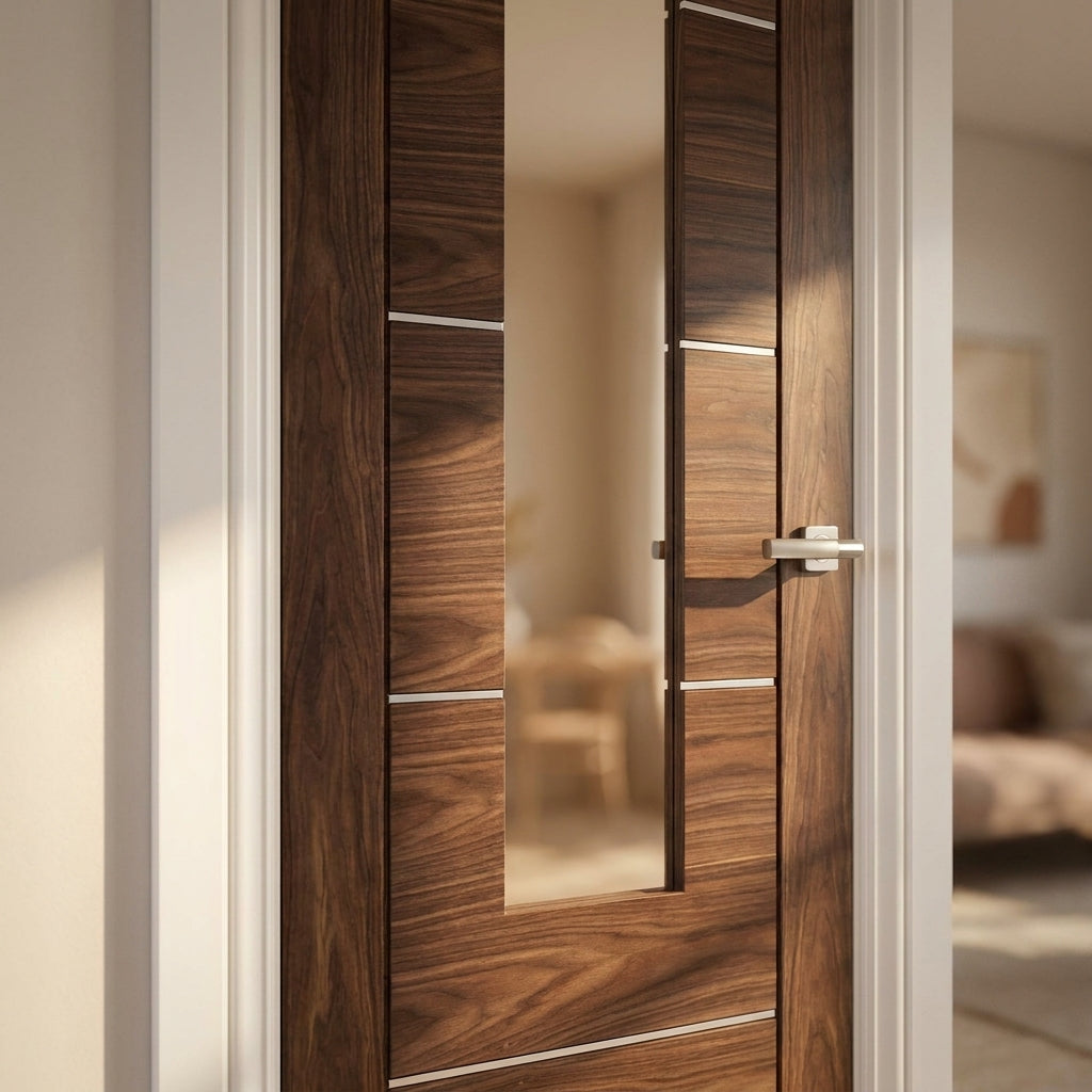 Internal Walnut Door, Fully Finished, 1 Light Clear Glass, Solid Core - detail view
