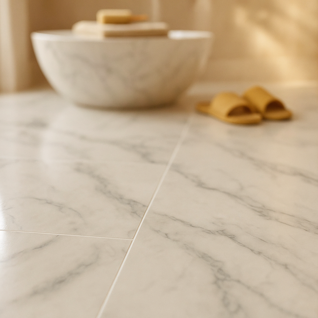 White Gloss Marble Vinyl Flooring, 100% Waterproof, 5.5mm Thick, Pre-Grouted Bevel - detail view