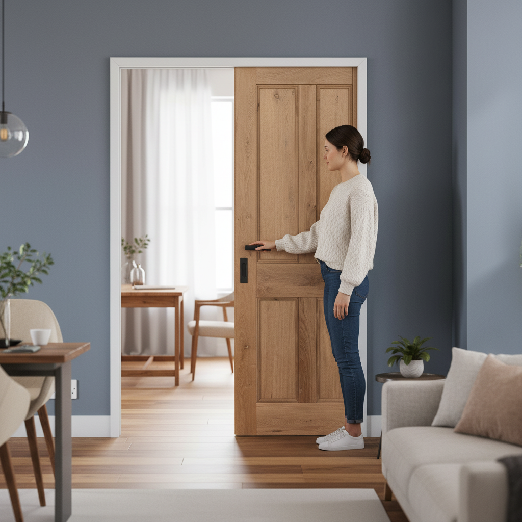 Premium Rustic Oak Fully Finished Internal Victorian 4 Panel Framed Pocket Door Set for Space-Saving Elegance - Image 2