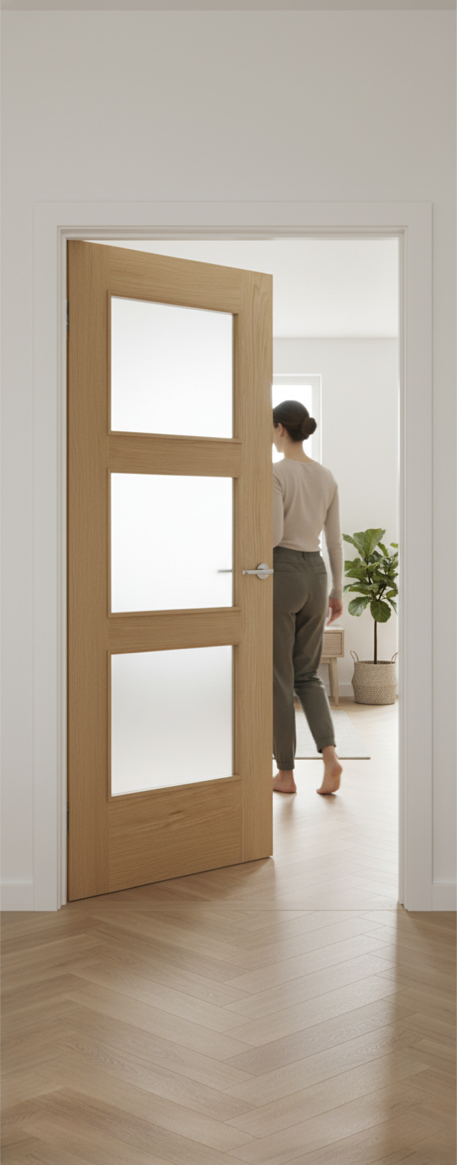 Premium Oak Internal Door with 3 Clear Glass Panels, Engineered Construction and Satin Lacquer Finish for Enhanced Strength and Stability