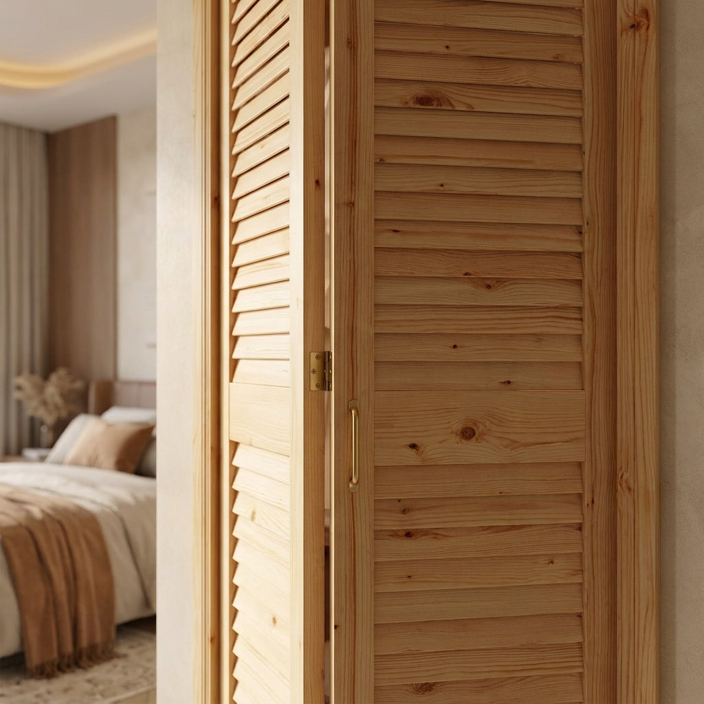 Internal Bi-fold Open Louvre Wardrobe Door Set 28mm in Clear Pine - detail view