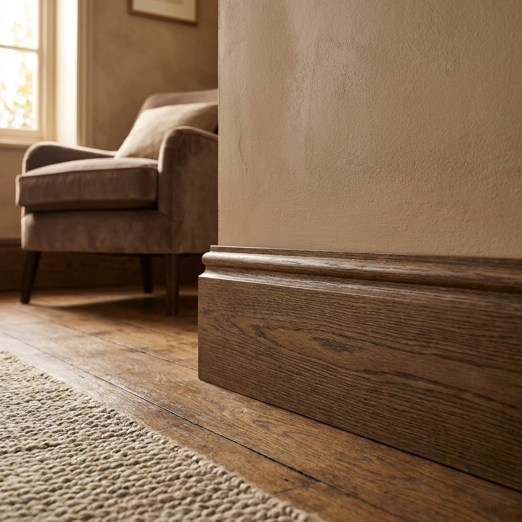 Laminate Skirting Board Medium Oak 2400mm x 15mm x 63-116mm - detail view