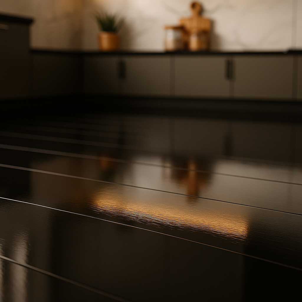 High Gloss Black 6mm Rigid Core LVT Flooring - Lustrous Finish - detail view