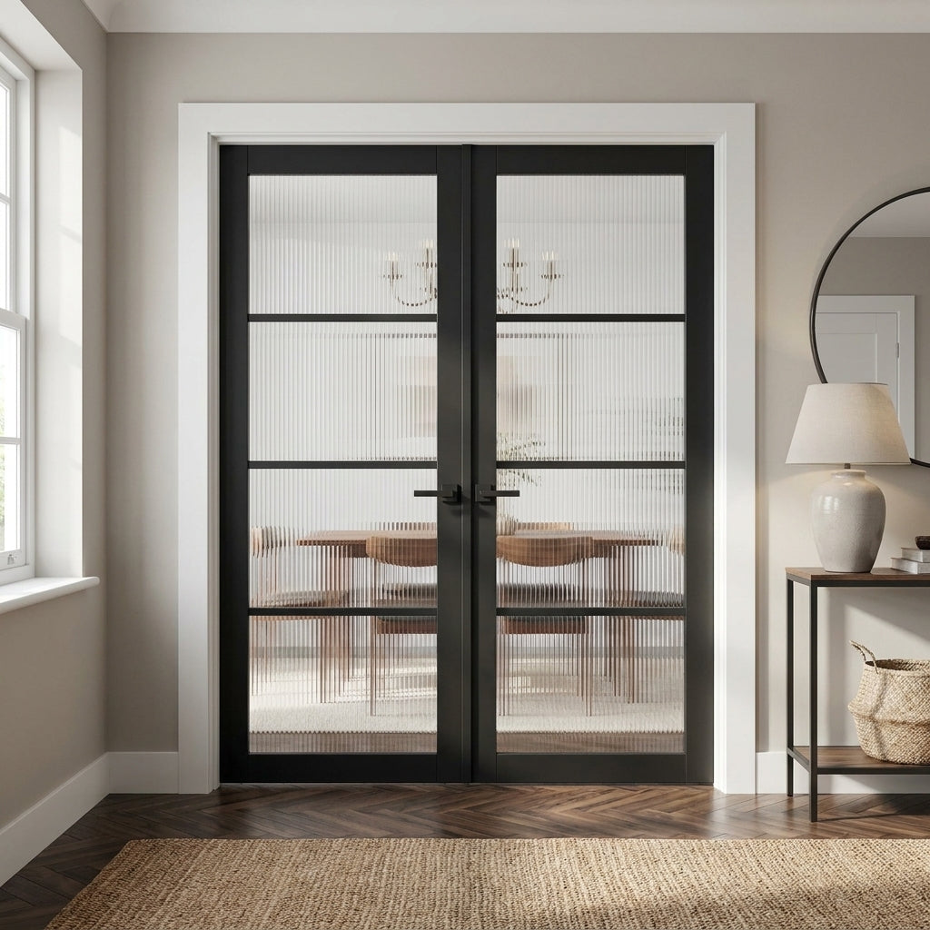 Internal Double Door with Jet Black Finish and 4 Light Reeded Toughened Glass
