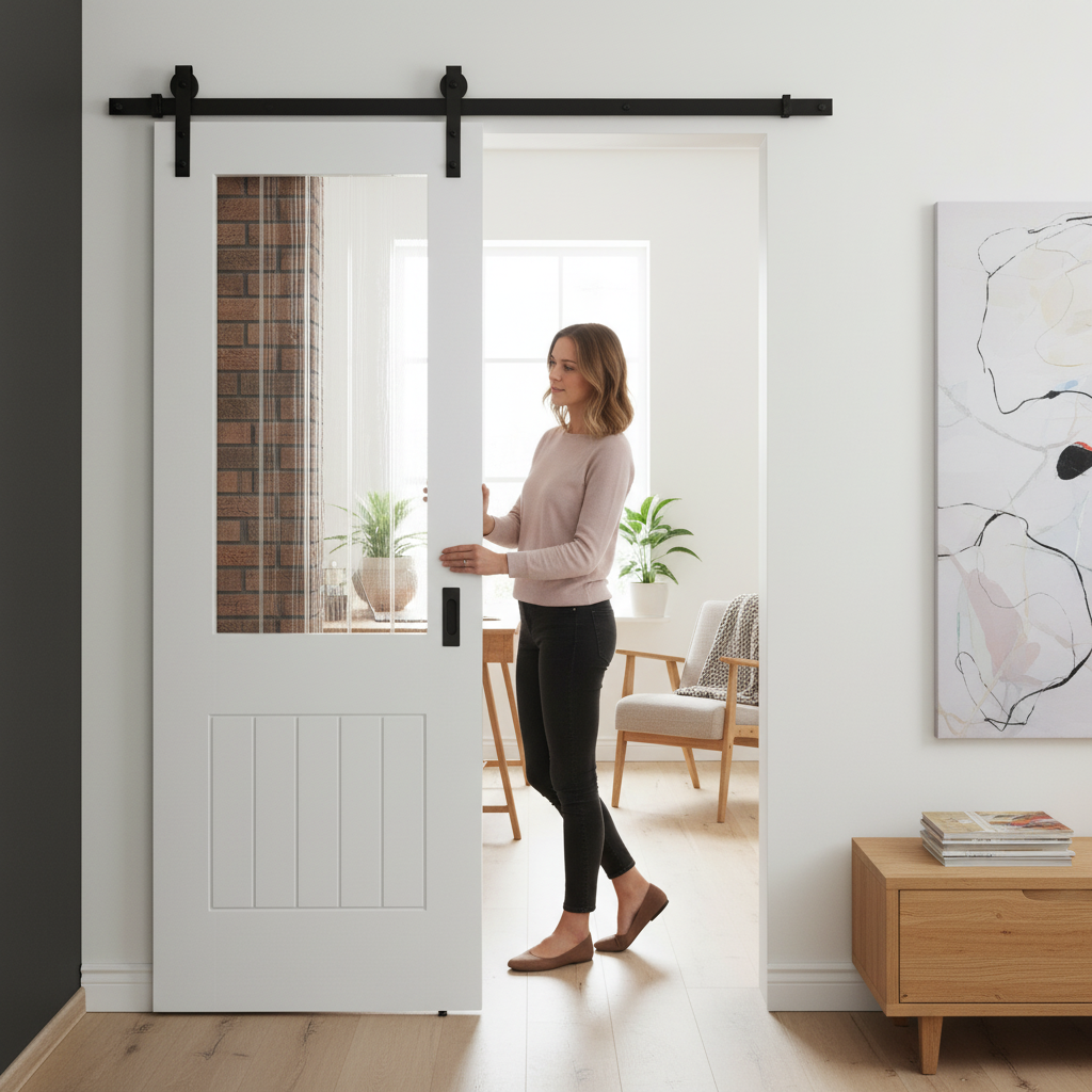 Internal Cottage 1 Light Etched Lined Clear Glass Sliding Door with Black Steel Track for Modern Interiors - Image 2