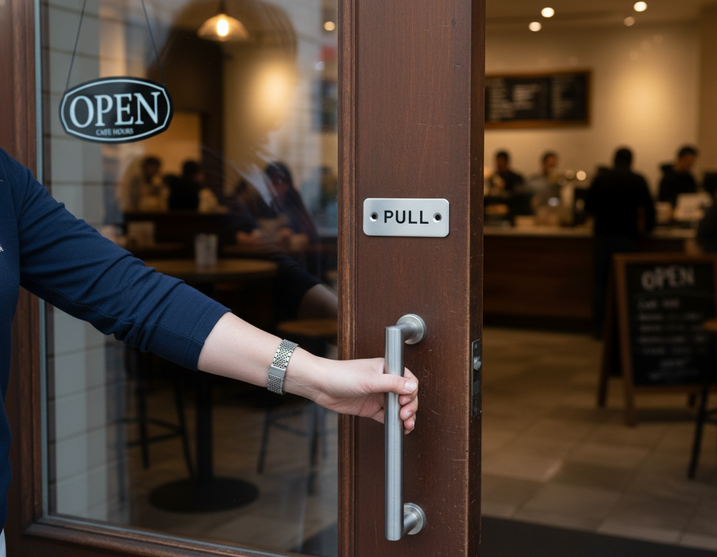 Premium Pull Door Symbol in Satin Stainless or Bright Stainless Steel Finish with Screws - Ideal for Commercial Projects