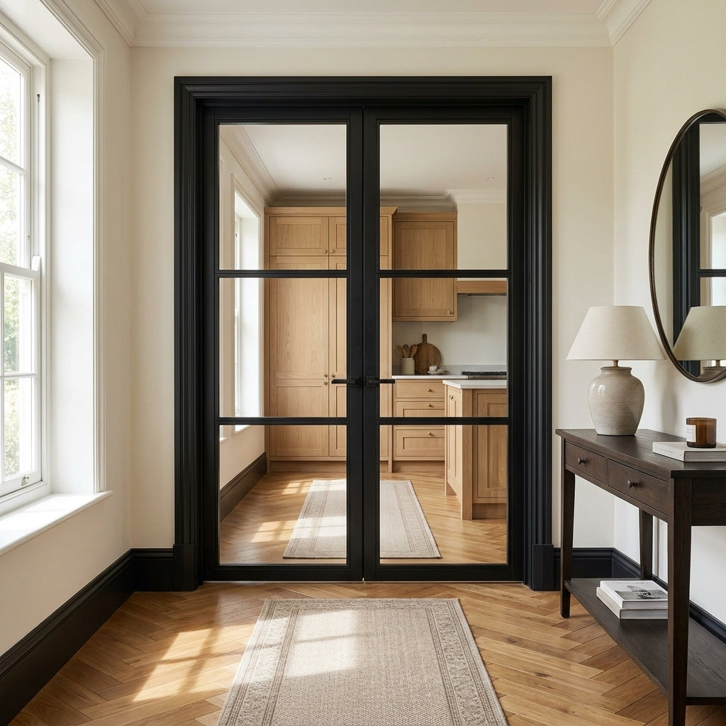 Internal French Door with 3 Light Clear Glass, Fully Finished in Jet Black