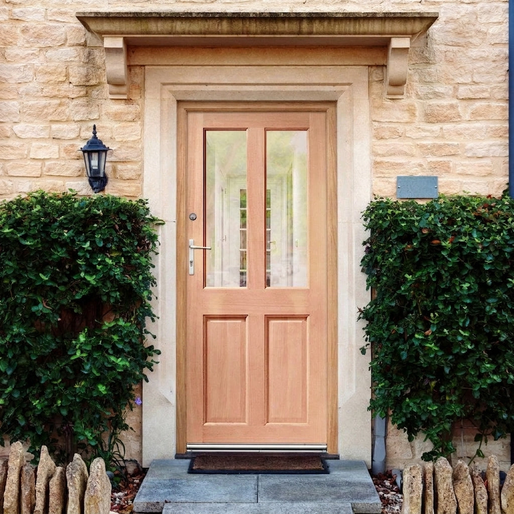 External Hardwood Door Unfinished 2 Panel 2 Light Clear Glass