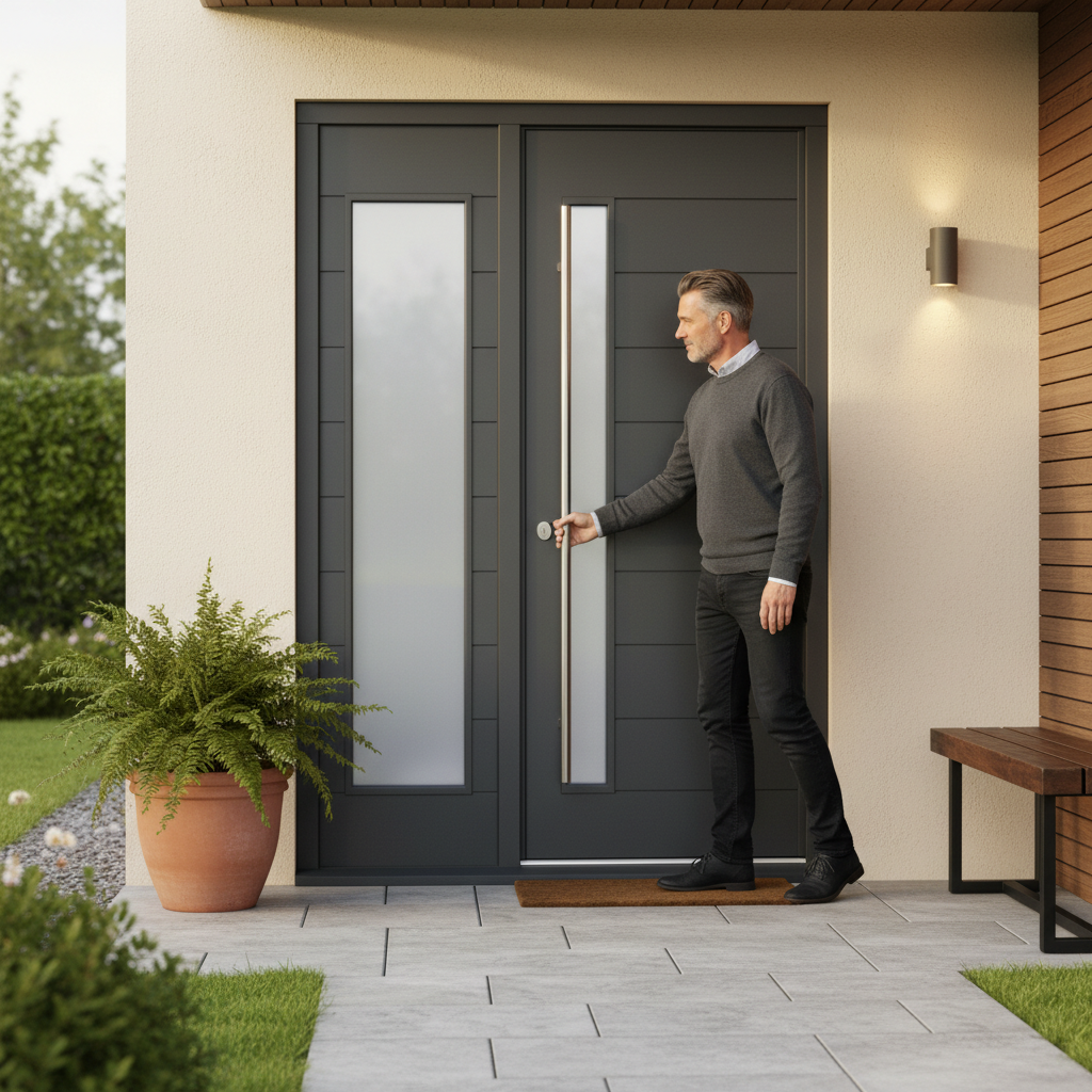 Premium Grey External Door Set with Sidelight and Slim Pull Bar Handle - Durable Hardwood Construction and Enhanced Thermal Efficiency