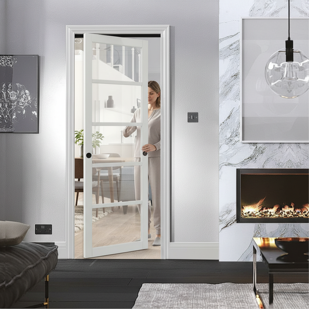 Premium Industrial Style Pocket Door Set with White Glazed Finish and Adjustable Frame for Modern Interiors