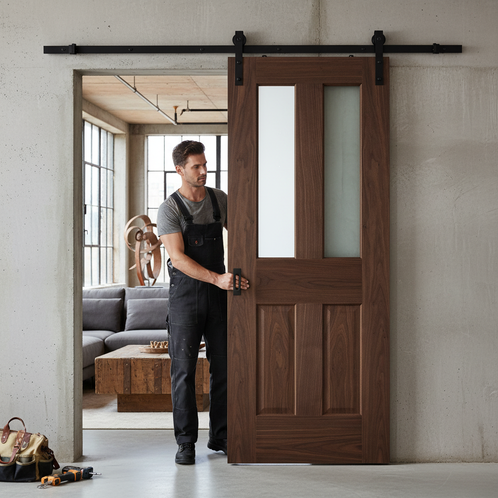 Premium Fully Finished Victorian 1 Light Sliding Door with Clear Glass Panels and Black Steel Track for Space-Saving Elegance
