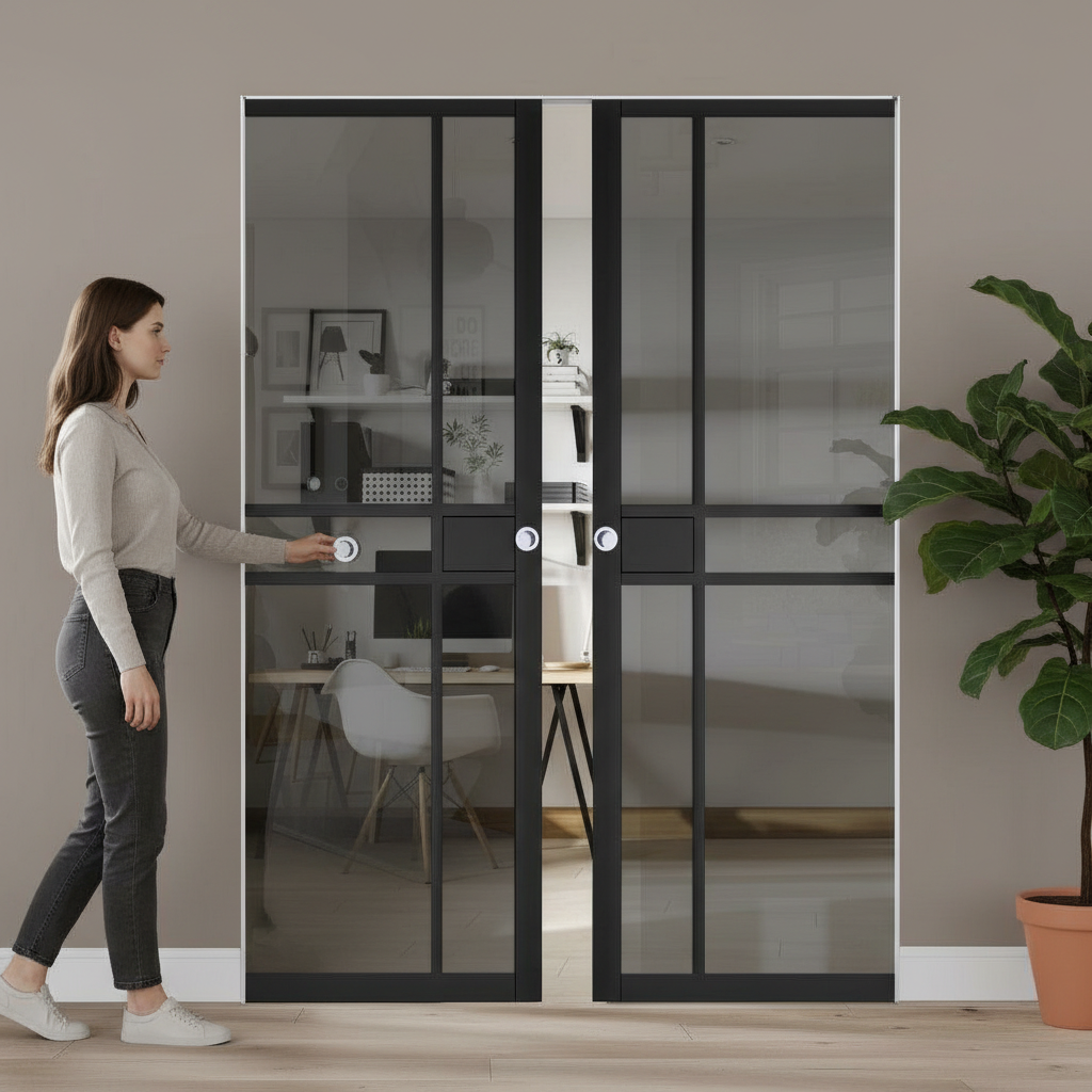 Premium Double Flush Pocket Door Set with Tinted Glass and No Bottom Track - Space-Saving Design for Modern Interiors