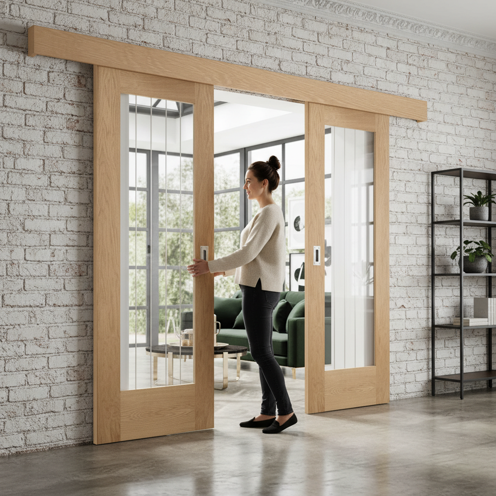 Premium Heavy Duty Double Sliding Door System with Oak Glazed Doors and E-Glide Mechanism for Interior Use