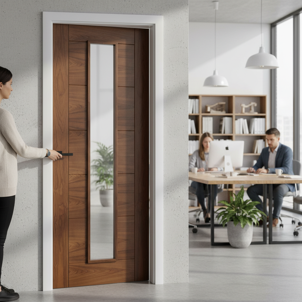 Premium Walnut Glazed Internal Door with Toughened Glass and Solid Core Design - High-Quality Professional Grade for Industrial and Commercial Appl...