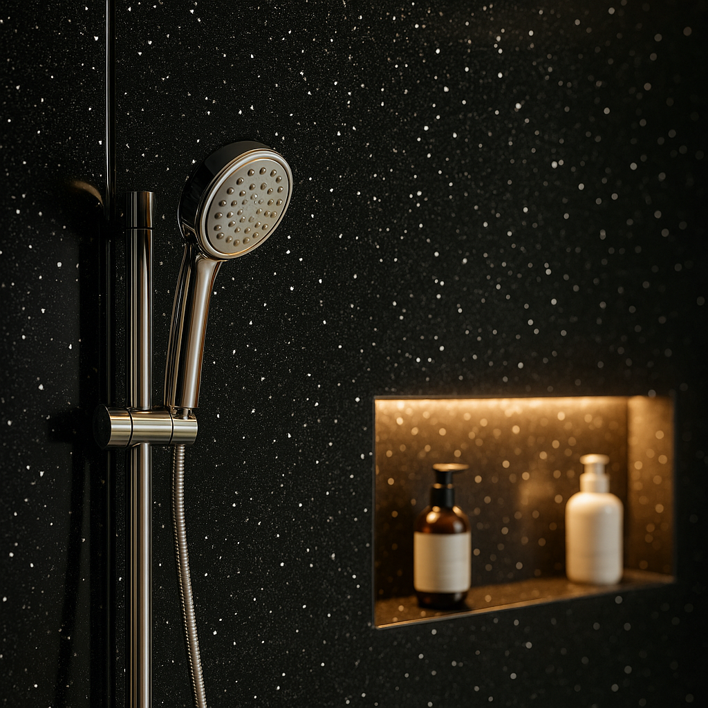 Glossy Black Sparkle PVC Shower Wall Panel for Stylish Bathrooms - detail view