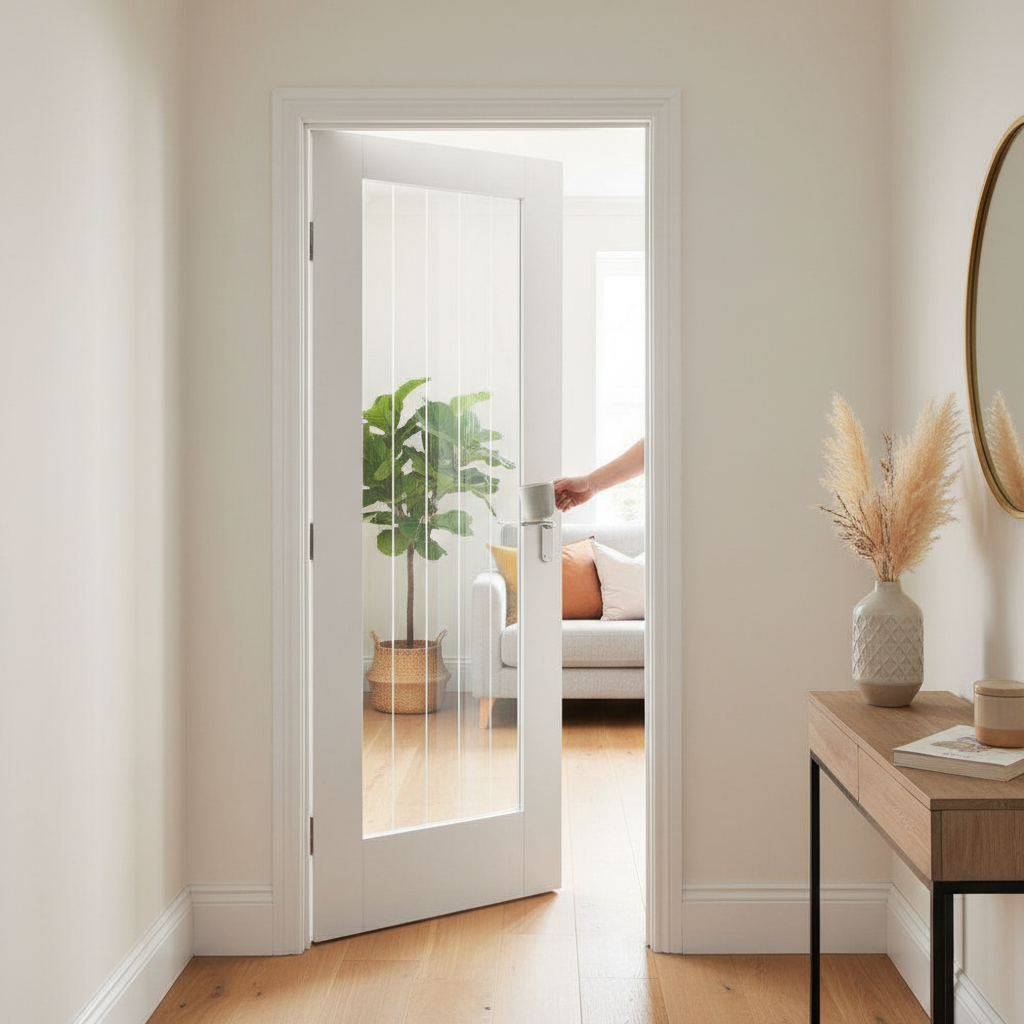 Premium Internal Cottage 1 Light Door with Obscure Lined Glass, White Primed, Semi-Solid Core, Ready for Finish - Image 2