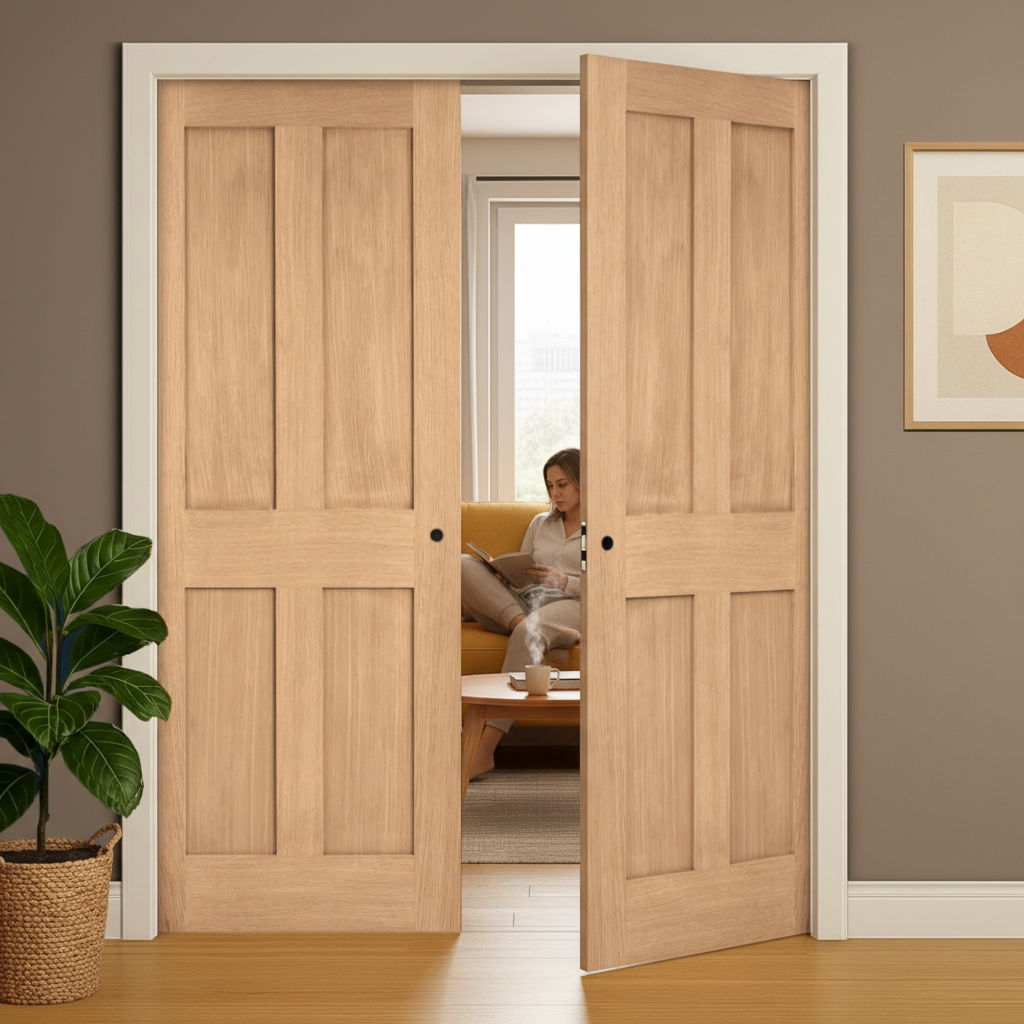 Premium Oak Double Pocket Door Set - 35mm Thick, Galvanized Steel Frame, Smooth Sliding System for Modern and Traditional Interiors