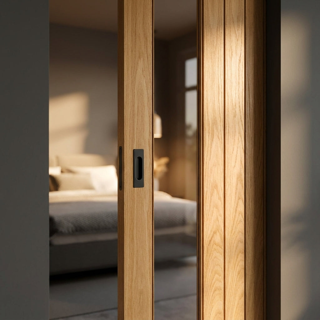 Internal Oak Pocket Door Set with 1 Light Clear Glass and Fully Finished 100mm Frame - detail view
