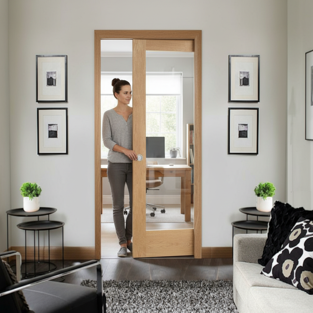 Premium Oak Clear Glazed Pocket Door System - Shaker Style with Adjustable Frame and 15-Year Guarantee