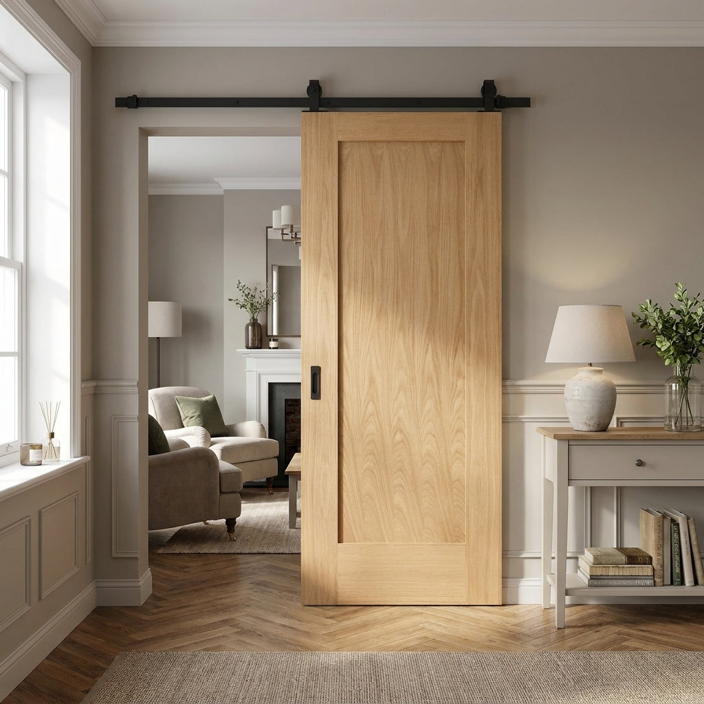 Oak Internal Sliding Door Unfinished 1-Panel Pattern Black Top Mounted