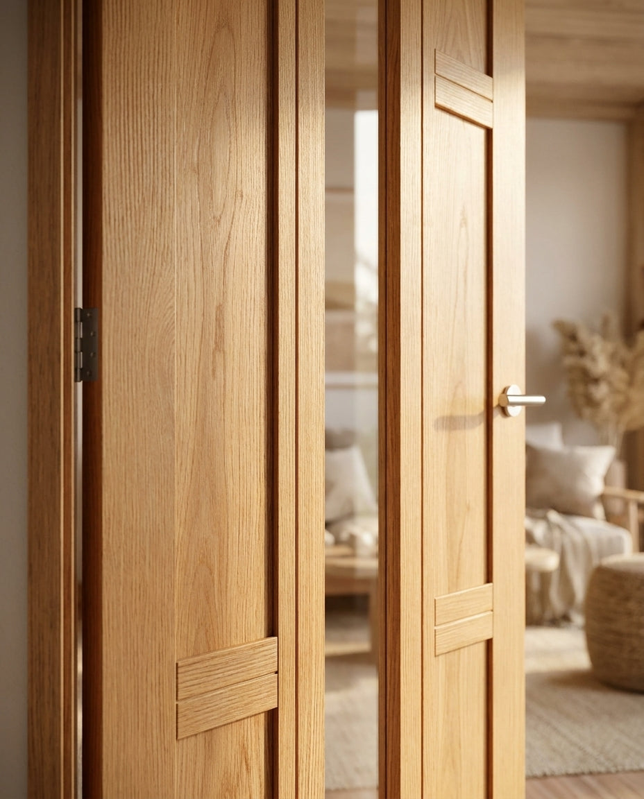 Internal Oak Door Fully Finished with 4 Panel Design and 1 Light Clear Glass - detail view