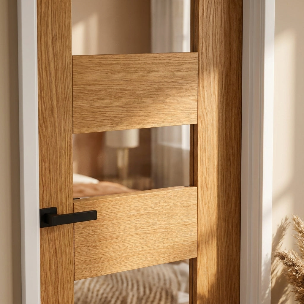 Fully Finished Oak Internal Door with 7 Panels and Clear Glass Lights - detail view