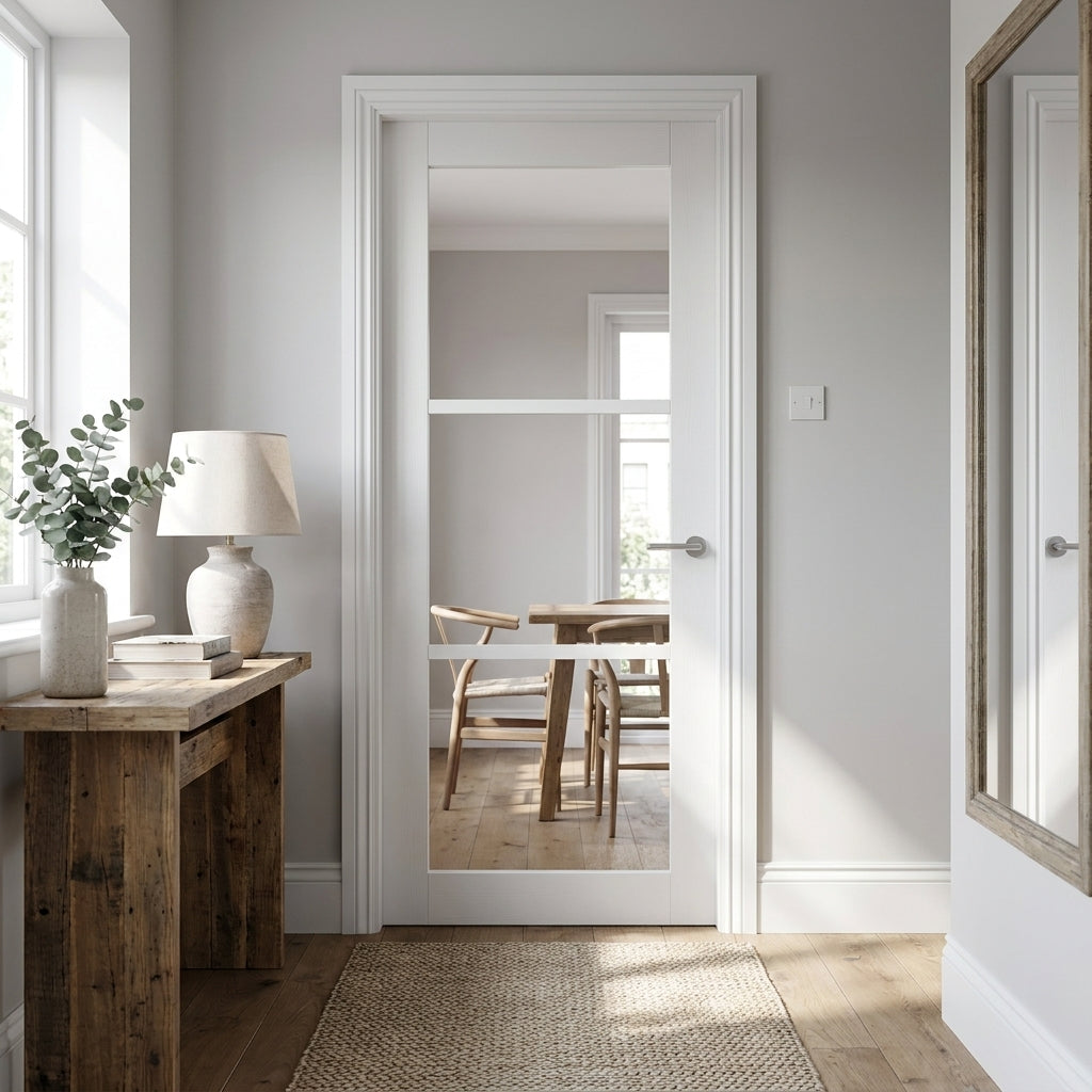 Internal Door with Primed Finish and 3 Light Clear Glass Design