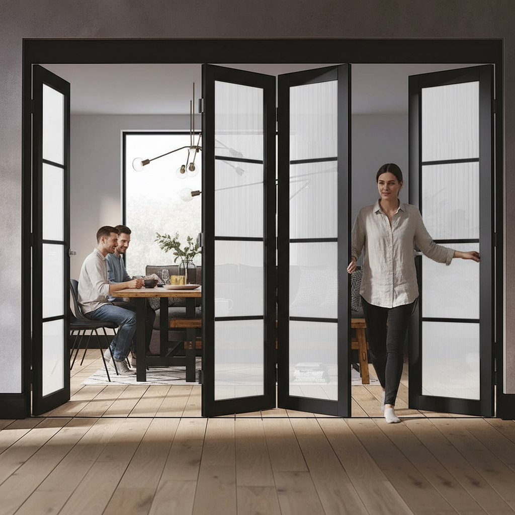 Premium Industrial Style Folding Doors with Reeded Glass - Versatile 5 Door Room Divider Available in Various Sizes