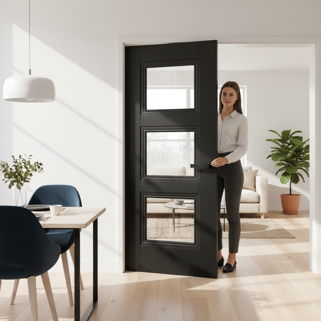 Premium Internal Fully Finished Door with 3 Clear Glass Panels - Jet Black Finish for Modern Interiors - Image 2