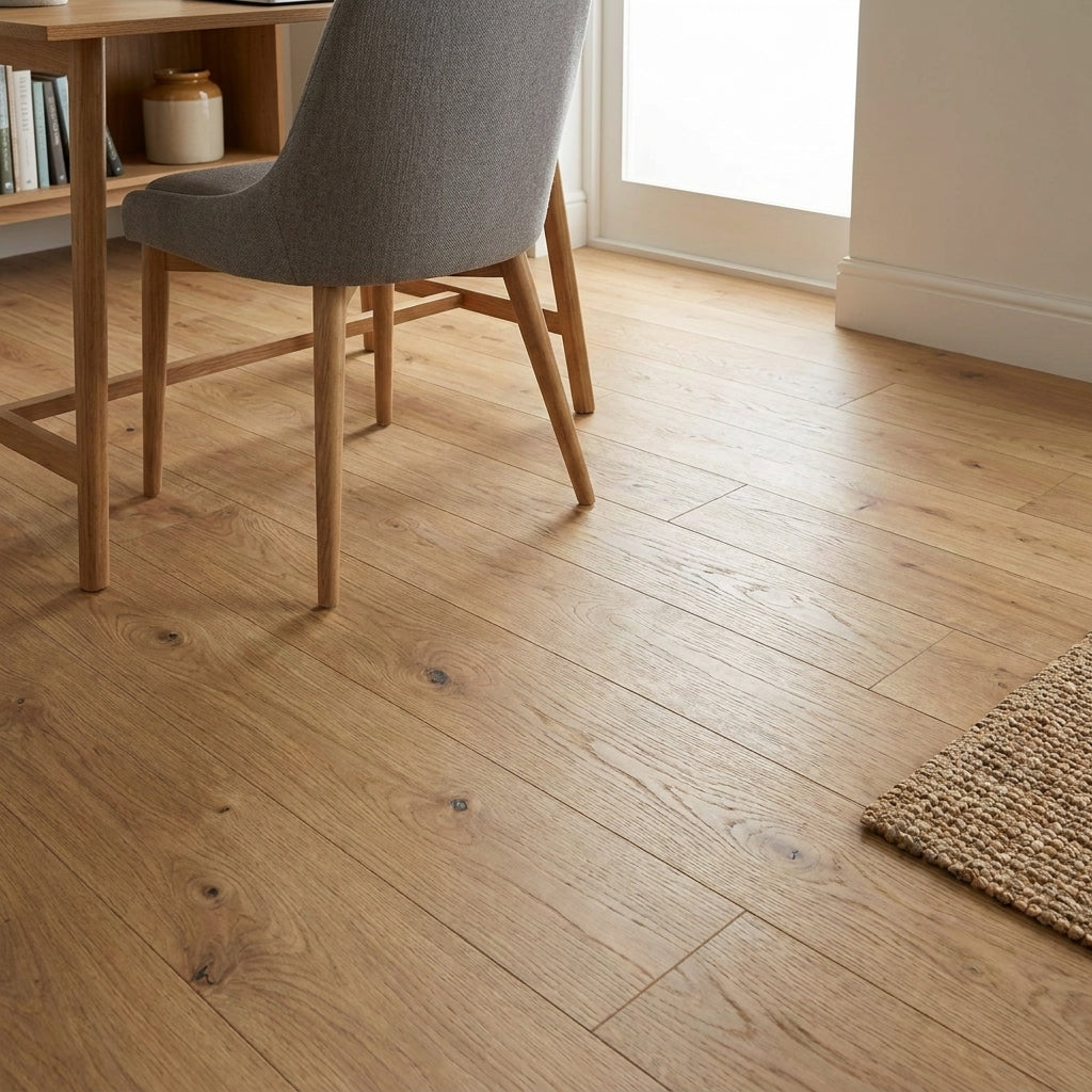 10mm Moisture Resistant Handscraped Laminate Flooring in Mist Ethereal Oak - detail view