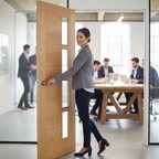 Premium Contemporary Oak Offset Glazed Internal Door with V Grooves and Cross Veneers, Fully Finished in Clear Satin Lacquer
