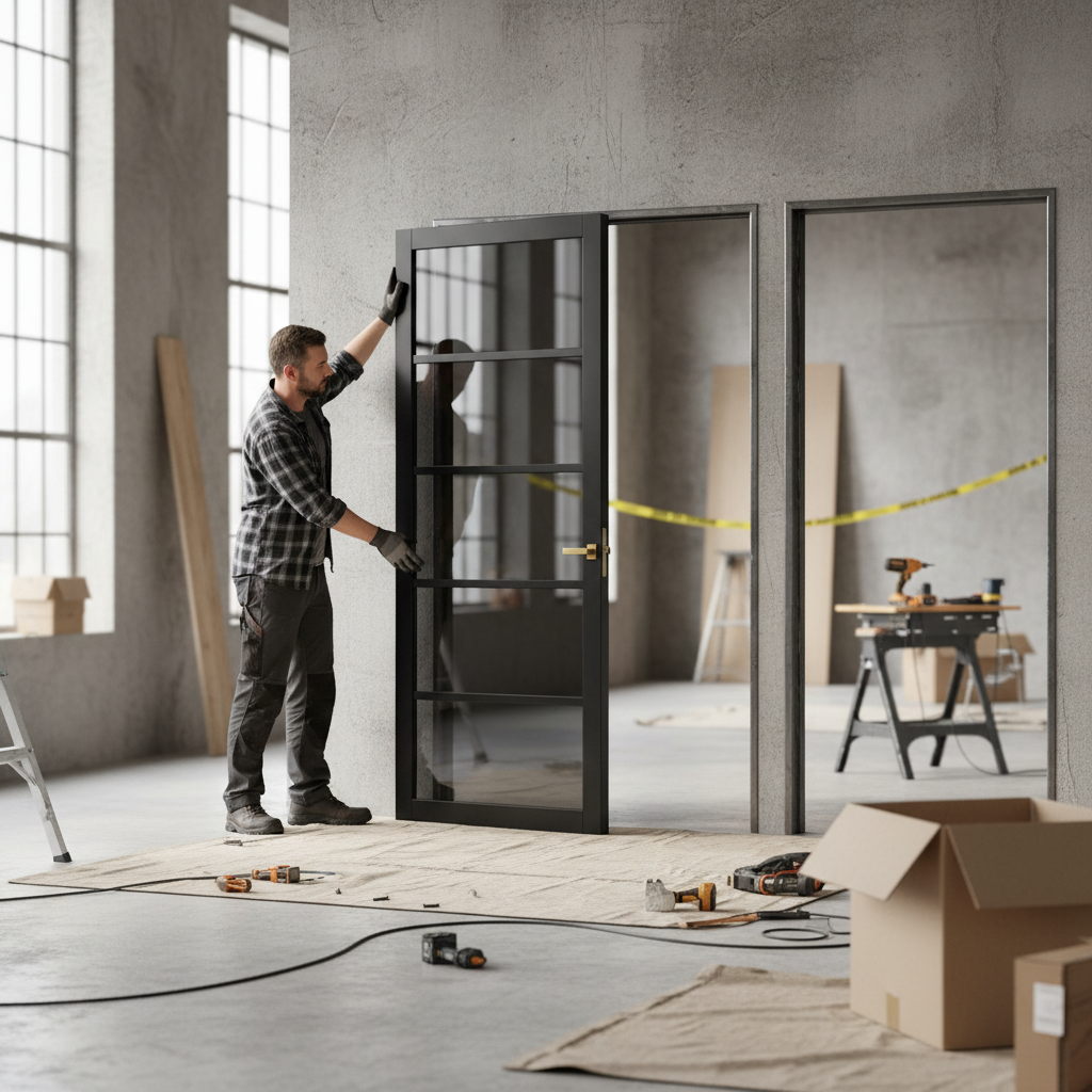 Premium Custom Made Industrial Style Door Pair with Tinted Safety Glass, Solid Core, and Prefinished Black Design