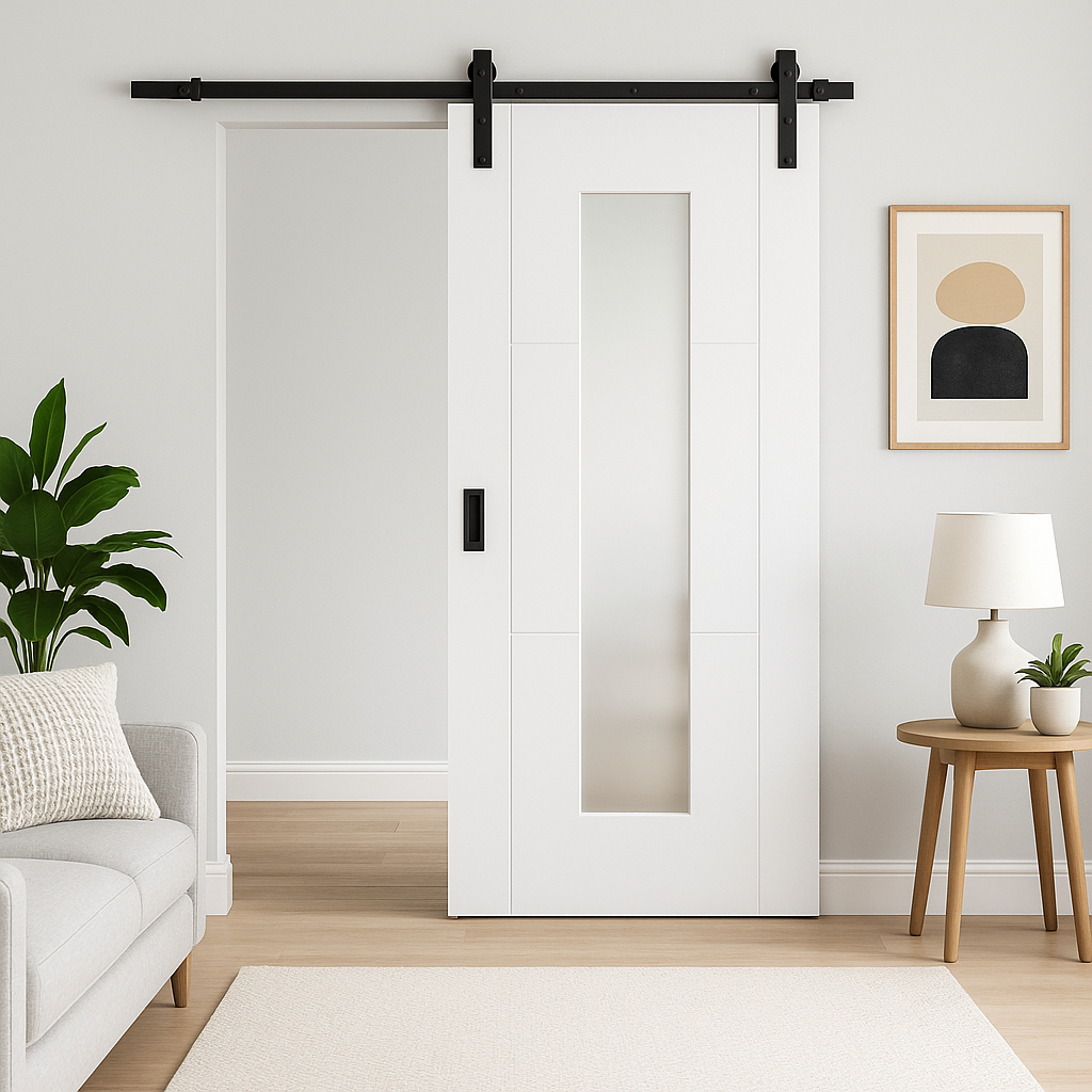 Sliding Door with Obscure Glass - White Primed 3 Panel, Black Face Mount
