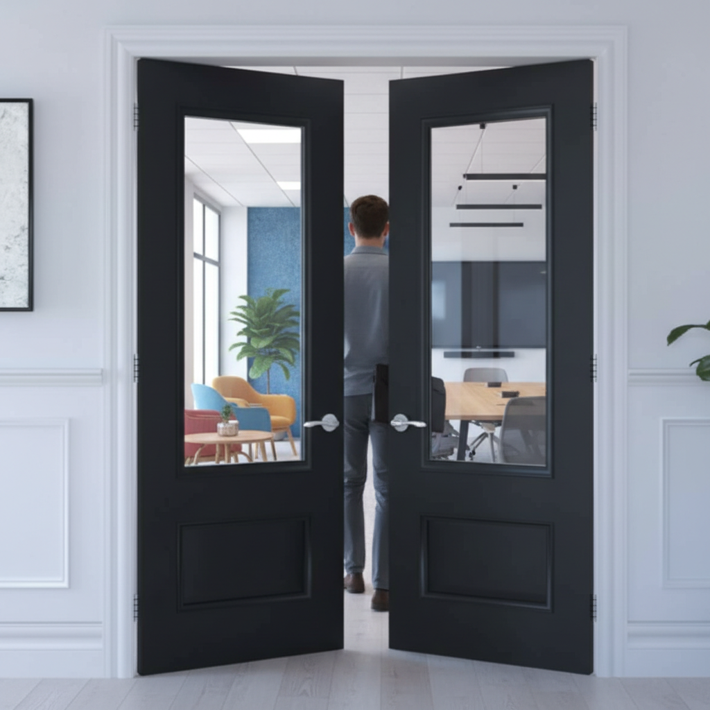 Premium 2 Panel Black Clear Glazed Door Pair with Bevelled Glass and Traditional Mouldings