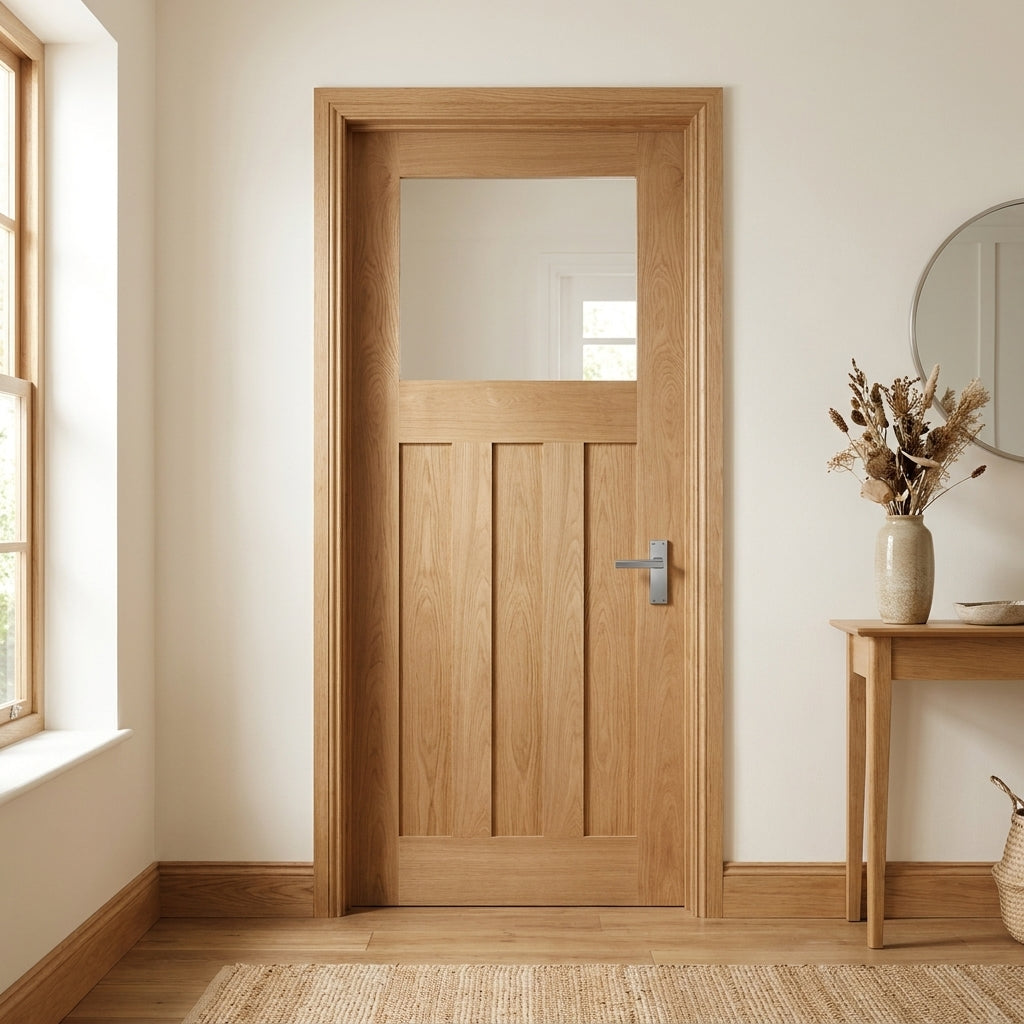 Internal Oak Door Made-to-Measure Unfinished 1930's 3 Panel 1 Light Clear Glass