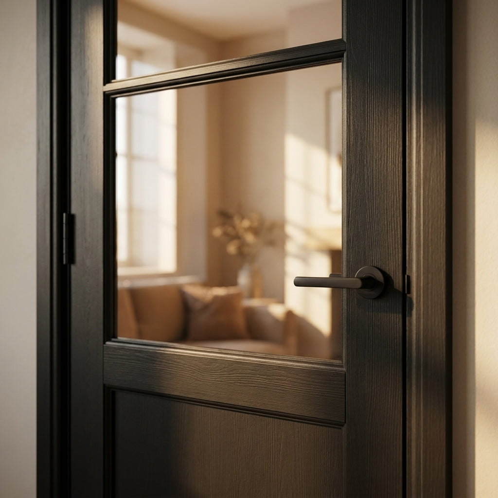 Internal Black Door with 1 Panel and 2 Light Clear Glass, Fully Finished - detail view