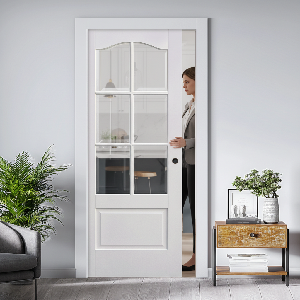 Premium Solid White Kent 6L Pocket Door Set with Bevelled Panels and Galvanised Steel Frame for Elegant Space Transformation