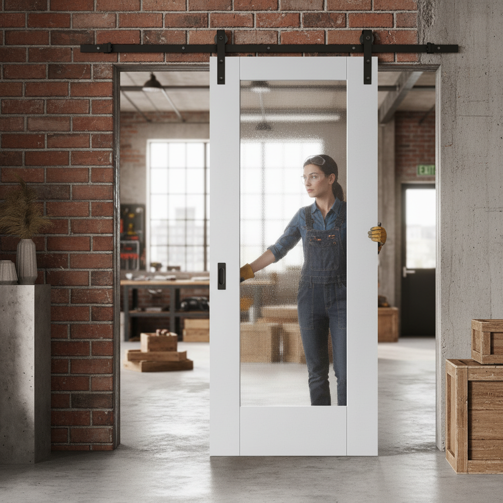 Premium Internal White Primed Pattern 10 Ocean Glass Sliding Door Set with Black Steel Track for Modern Interiors