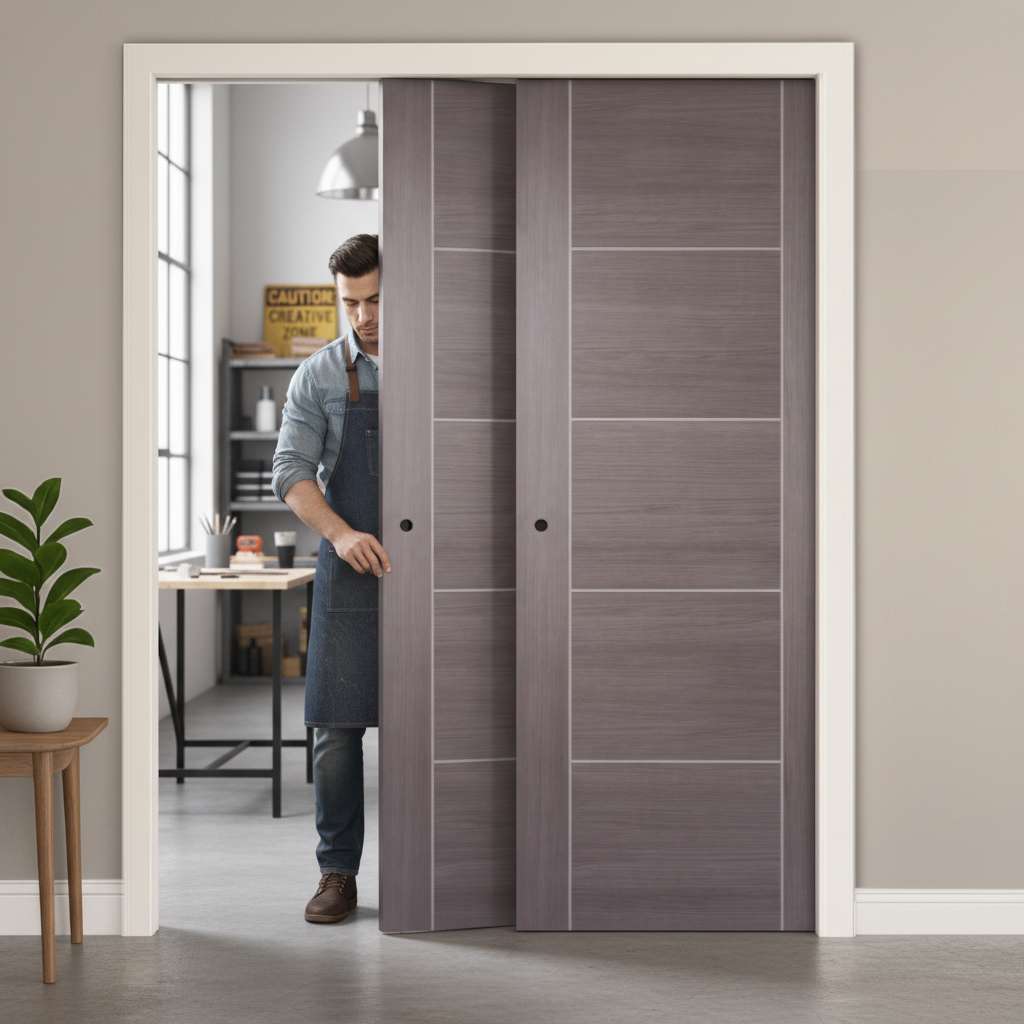 Premium Medium Grey Laminate Double Pocket Door Set with Galvanised Steel Frame and Adjustable Jamb Options