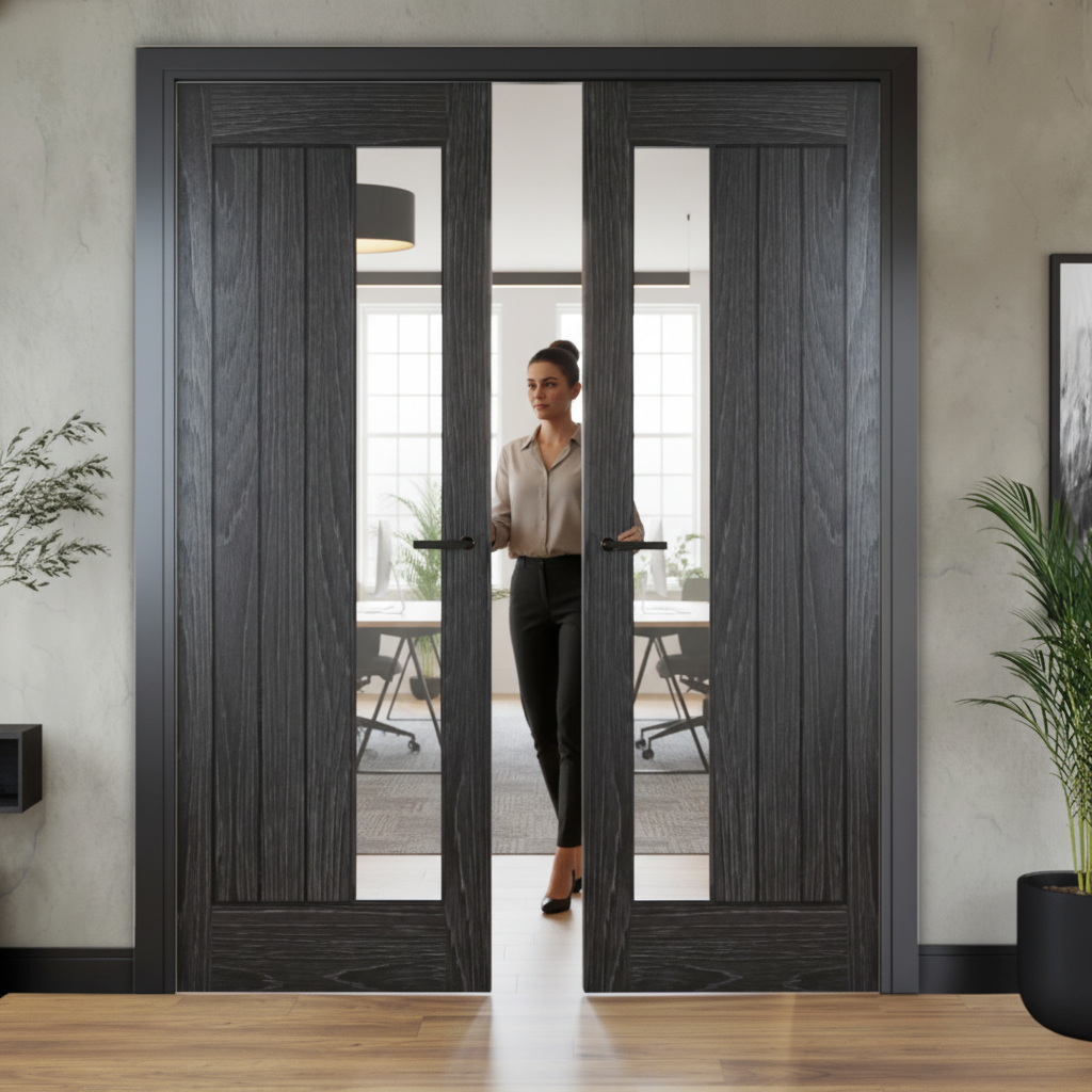 Premium Clear Glazed Double Pocket Door Set with Brushed Black Finish and Galvanised Steel Frame - Ideal for Any Space
