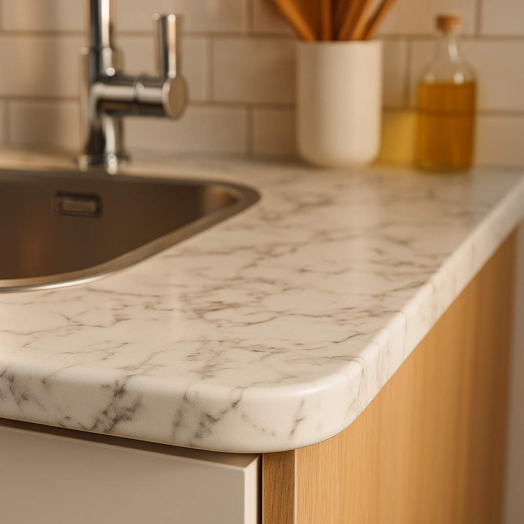Calacatta Marble Rounded Edge Laminate Worktop 3000mm x 600mm x 38mm - detail view