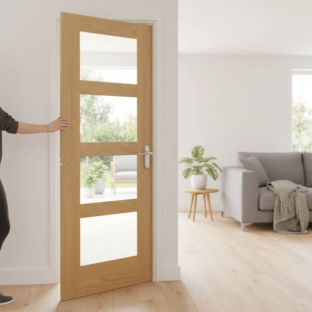 Premium Internal Fully Finished Oak Shaker 4L Clear Glazed Door with A-Grade American Veneer and Tempered Safety Glass