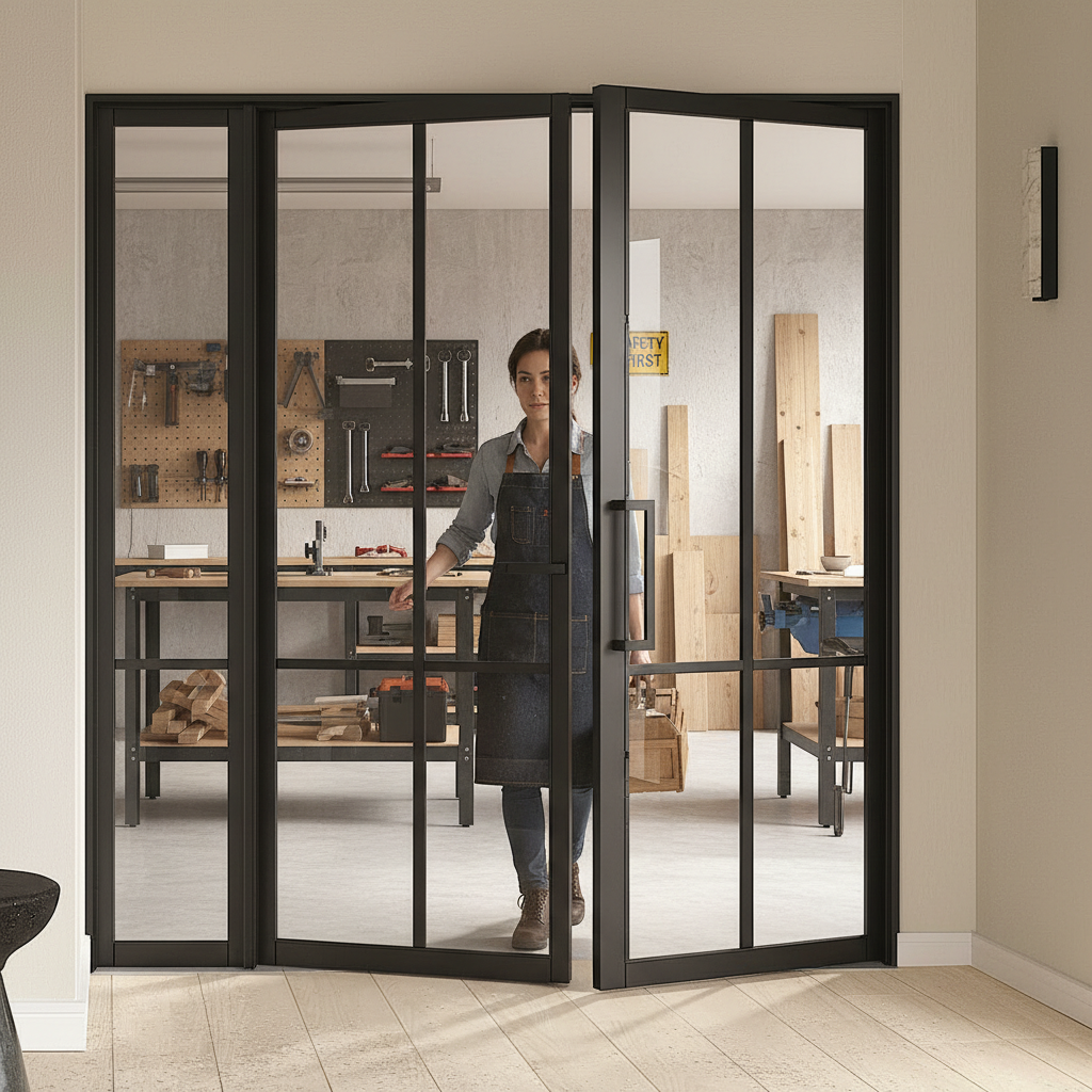 Premium Industrial Style Offset French Doors with Side Panel - Modern Design with Large Glass Panes for Open Spaces