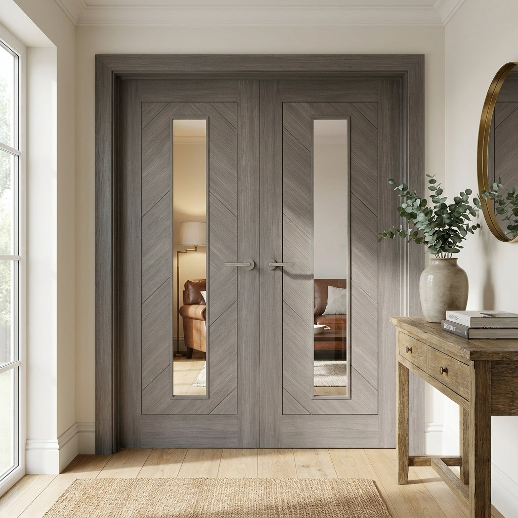 Internal Double Door with Light Grey Finish and Clear Toughened Glass