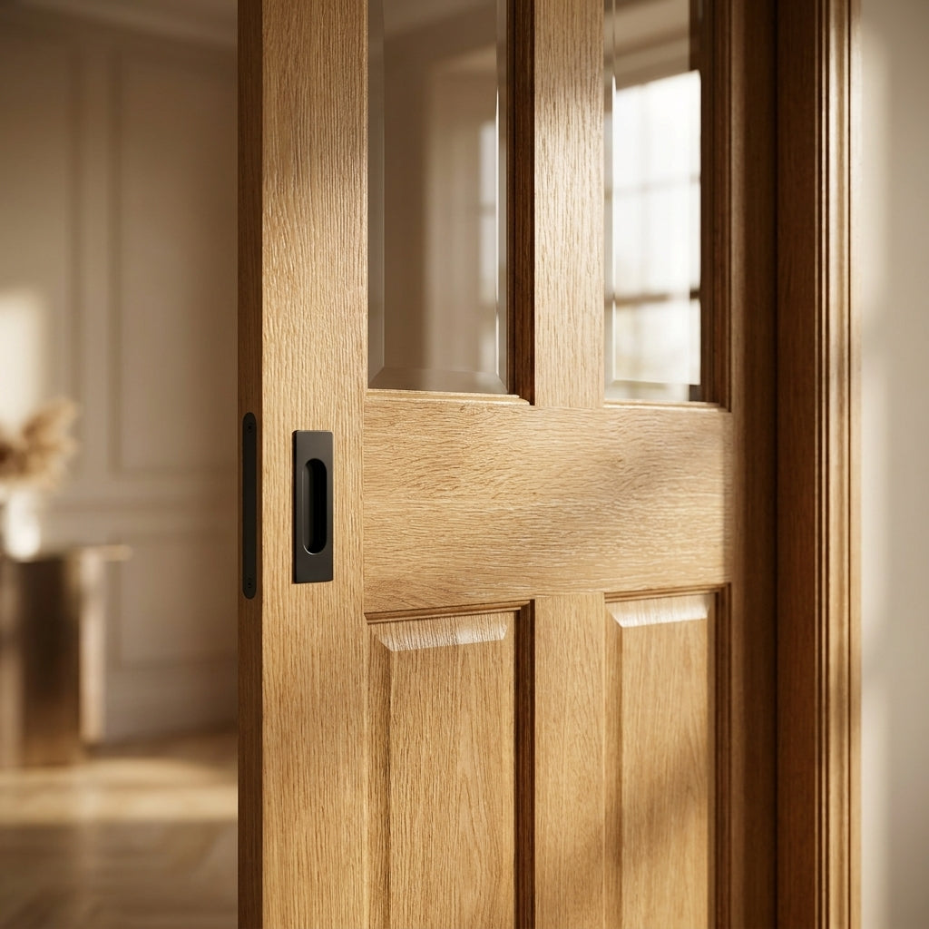 Oak Unfinished Internal 2 Panel 2 Light Bevelled Glazed Pocket Door Set 100mm - detail view